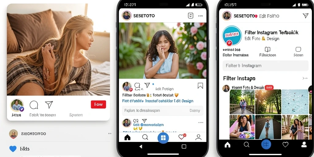 Screenshot utama SESETOTO menampilkan antarmuka aplikasi dengan filter Instagram.
